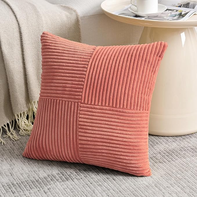 Fancy Homi 2 Packs Coral Samll Decorative Throw Pillow Covers 12x12 Inch with for Couch Bed Sofa, Rustic Farmhouse Boho Home Decor, Soft Corss Patchwork Corduroy Square Peach Cushion Case 30x30 cm