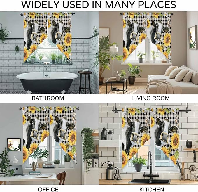 Retro Sunflowers Swag Valances for Windows, Farmhouse Floral Cow Butterfly - Image 9