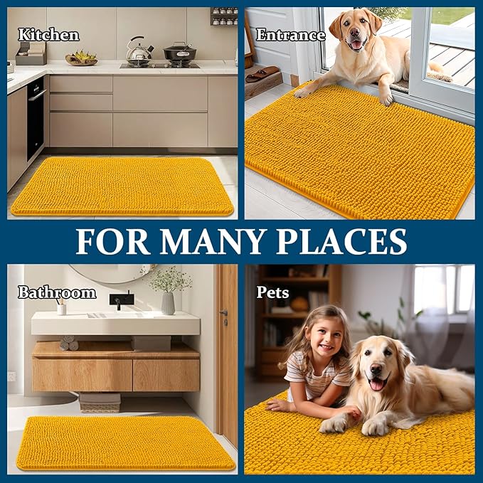 OLANLY Dog Door Mat for Muddy Paws 34x21, Absorbs Moisture and Dirt, Absorbent Non-Slip Washable Doormat, Quick Dry Chenille Mud Mat, Entry Indoor Entryway Carpet for Inside Floor, Golden Yellow