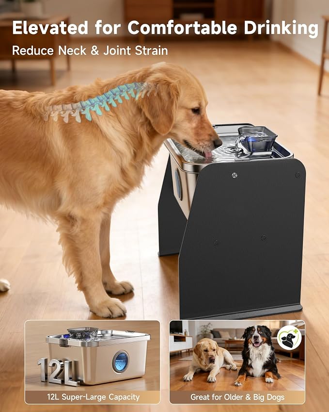12L/3.2Gal Dog Water Fountain Elevated, Stainless Steel Pet Water Fountin - Image 2