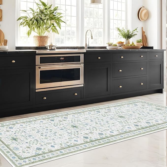 Hazo Haus Oushak Wide Hallway Runner Rug 2'6"x10' - Vintage Turkish Floral, Washable Low Pile Non Slip 10ft Wide Runners for Kitchen, Hall Way - Blue and Green