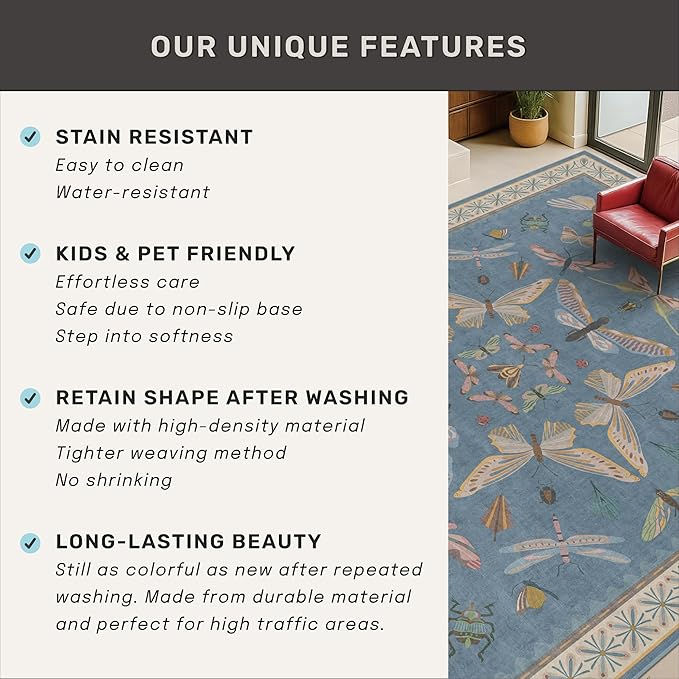 Modern Rugs for Living Room - 5x8 Moth Blue Carpet for Bedroom Under Bed, Girls Room Rug for Kids, Washable Non Slip Soft Floor Décor