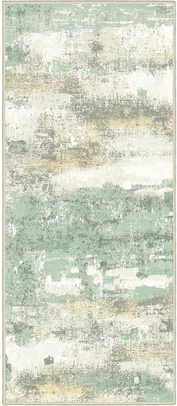 Runner Rug for Hallway Kitchen, 2'6"x6' Machine Washable Runners Rug for Entryway, Soft Modern Abstract Throw Rugs, Low Pile Floor Cover with Non Slip Backing, Light Green