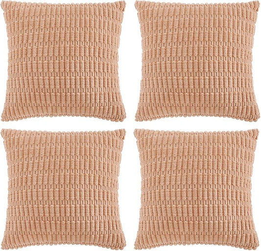 Fancy Homi 4 Packs Peach Decorative Throw Pillow Covers 22x22 Inch for Living Room Couch Bed, Rustic Modern Farmhouse Boho Home Decor, Soft Plush Corduroy Cute Square Accent Cushion Case 55x55 cm