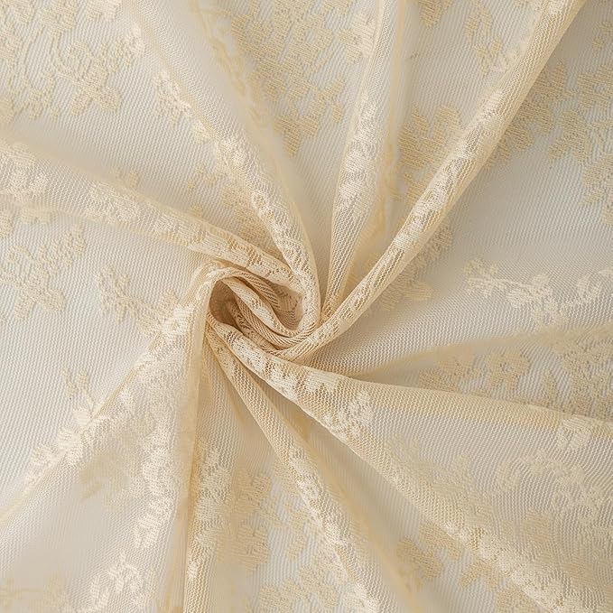 YJ YANJUN Vintage Lace Curtains 36 inch Length - Beige Short Cafe Kitchen Window Curtains Over Sink 2 Panels, Scalloped Edges, Light Filtering, Rv Curtain for Camper Windows Each W26xL36 Inch