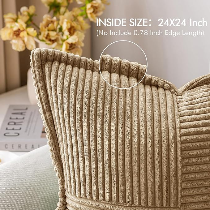 MIULEE Khaki Corduroy Decorative Euro Sham Pillow Covers 24x24 Inch with Splicing Set of 2 Soft Boho Pillow Covers Broadside Textured Pillowcases for Couch Bed Livingroom