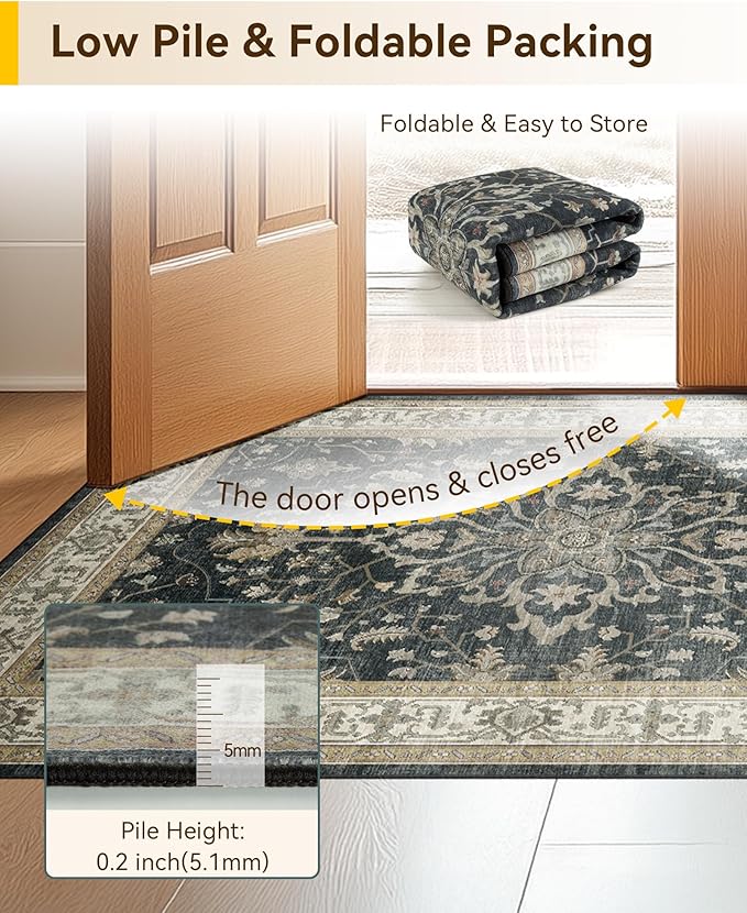 Area Rugs 9'x12' Washable Non-Slip, Floral Vintage Distress Print Pattern Medallion Carpet for Living Room Bedroom Dining Room, Vintage Black Brown Neutral