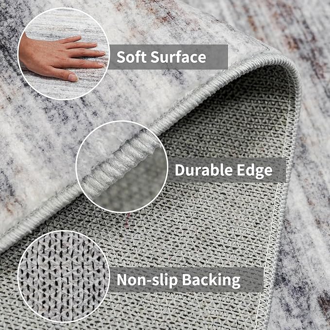 2x12 Washable Runner Rugs for Hallway: Long Abstract Runners for Entryway Dining Room Office - Stain and Water Resistant Rugs with Non-Slip Backing - Soft Low-Pile Carpet Beige Grey