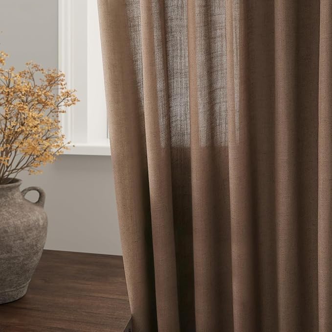 Caramel Brown Linen Curtains for Living Room Extra Long 112 Inches Long Back Tab Light Filtering Semi Sheer Curtain Vintage Rustic Decor Floor to Ceiling High Window for Bedroom 52x112, 2 Panels