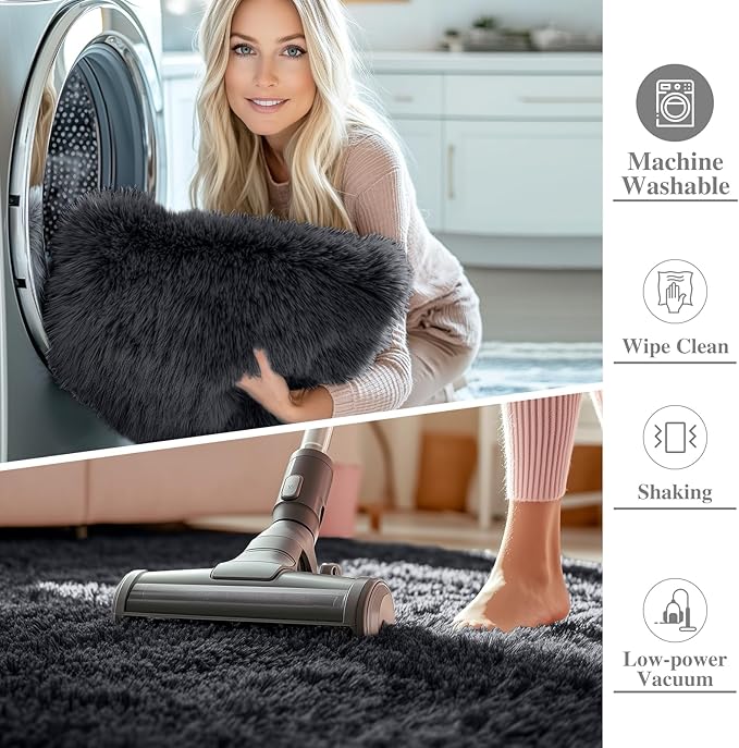 OLANLY 3x7 Machine Washable Runner Rugs for Hallway, Soft Fluffy Shaggy Bedside Rugs for Bedroom, Living Room, Indoor Floor Carpet for Kids Girls and Boys, Nursery Rooms, Home Decor Aesthetic, Black