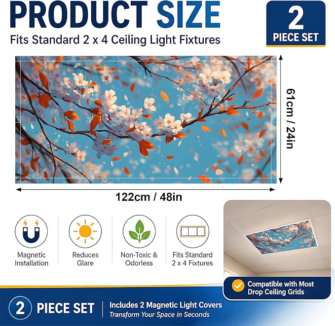 2 Pack Autumn Blossom Canopy Decorative Ceiling Light Covers, Magnetic 4x2 Ft - Image 2