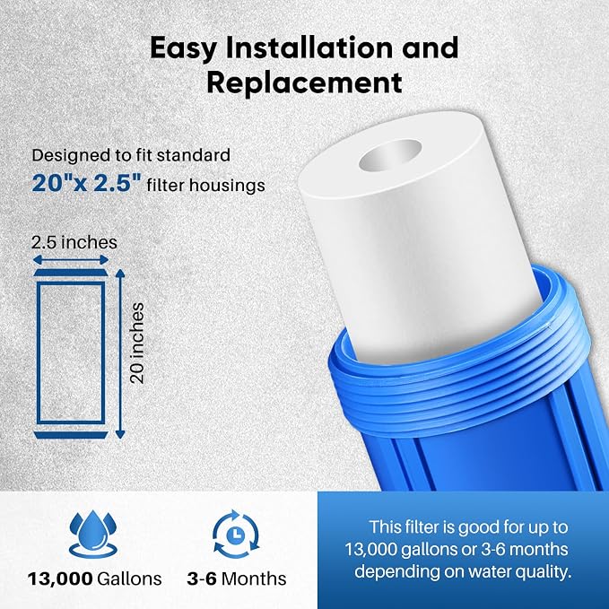 PUREPLUS 5 Micron 20" x 2.5" Whole House Sediment Home Water Filter, 20-inch - Image 4