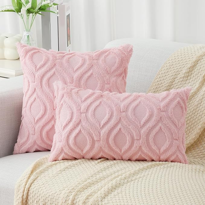 decorUhome Summer Throw Pillow Covers 26x26 Inch Set of 2, Soft Plush Faux Wool Light Pink Solid Couch Pillow Covers, Accent Euro Sham Farmhouse Neutral Square Pillow Cases for Sofa Bed Living Room