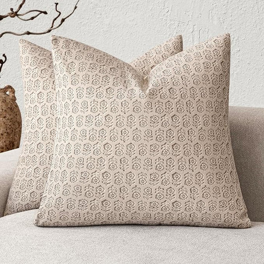 Foindtower Set of 2 Decorative Vintage Floral Print Throw Pillow Covers Neutral Modern Farmhouse Cushion Covers Boho Home Decor for Sofa Couch Chair Bedroom Living Room,20×20 Inch,Ivory Beige