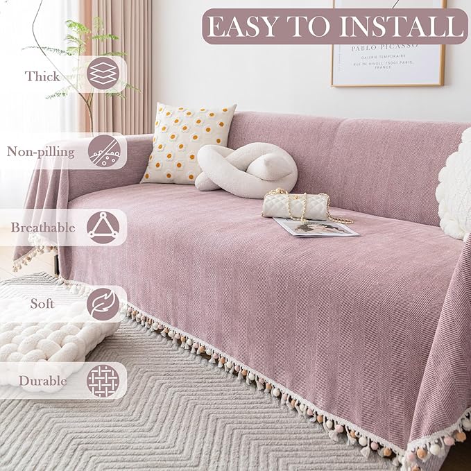 HANDONTIME Soild Couch Covers for Dogs Pink-Purple Sofa Covers Boho Cover for Sofa 3 Seats Chenille Sofa Throw Cover Mauve Sofa Covers for 3 Cushion Couch Tassel, Washable, Pet Friendly, 91" X118"