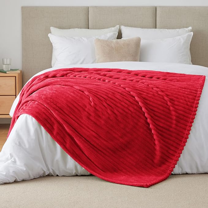 BEDELITE Twin Blanket for Couch & Bed, 300GSM Soft & Warm Fleece Blanket, Decorative and Giftable Striped Red Blankets for Women, Men, 60"x80"
