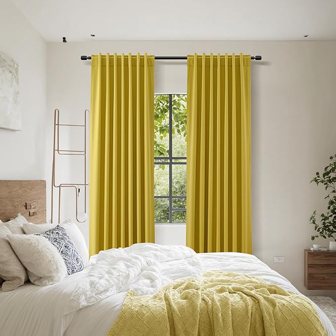 Guken 100% Blackout Curtains 90 Inch Length 2 Panels Set for Living Room Bedroom Back Tab Thermal Insulated Black Out Linen Drapes Room Darkening Celery Yellow,52x90