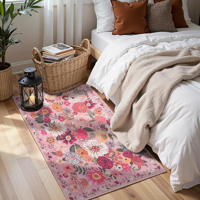 2x4 Entryway Runner Rugs, Non Slip Washable Rugs with Rubber Backing Soft Floral Carpet Runner for Kitchen, Laundry, Bedroom, Bathroom(2 x 4, Pink Garden)