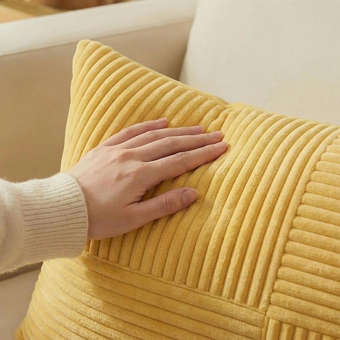 Fancy Homi 2 Packs Yellow Decorative Throw Pillow Covers 22x22 Inch for Living Room Couch Bed Sofa, Rustic Farmhouse Boho Home Decor, Soft Corss Corduroy Patchwork Accent Square Cushion Case 55x55 cm