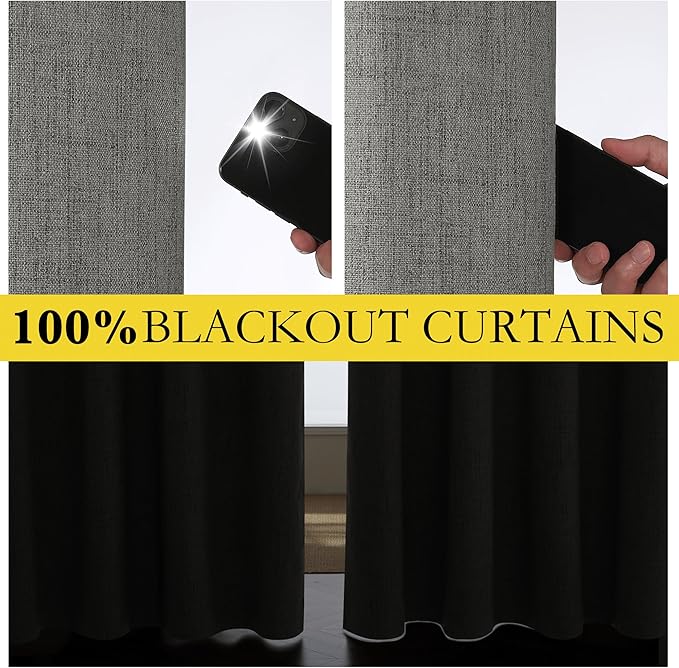 NICETOWN Grizzle Gray Vintage Linen 100% Blackout Curtains for Living Room, Thermal Insulated Curtains 108“ Long, Noise Reducing Window Treatment Drapes for Home Office, 62" Wide Per Panel, Set of 2