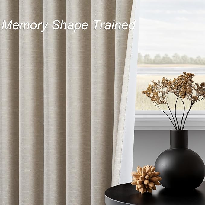 Topfinel Beige White Linen Blackout Curtains 63 Inches Long 2 Panels for Small Window Natural Birch Boho Farmhouse Linen Blend Texture Insulated Hook Belt Back Tab Pocket Pleated Drapes (W52 x L63)