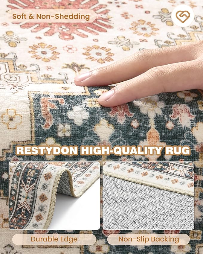Washable Rugs 8x10 Area Rugs for Living Room, Non-Slip Backing Large Rug for Nursery Room, Vintage Floral Bedroom Rugs, Thin Indoor Home Decor Soft Farmhouse Rug (Blue/Red/Multi,8'x10')