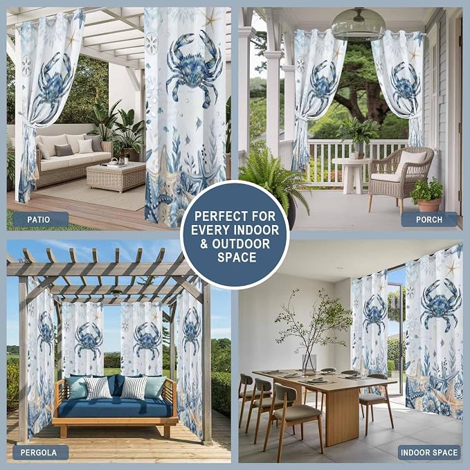 Oceans Outdoor Curtains for Patio Crabs Marine Life Shell Starfish Blue - Image 8