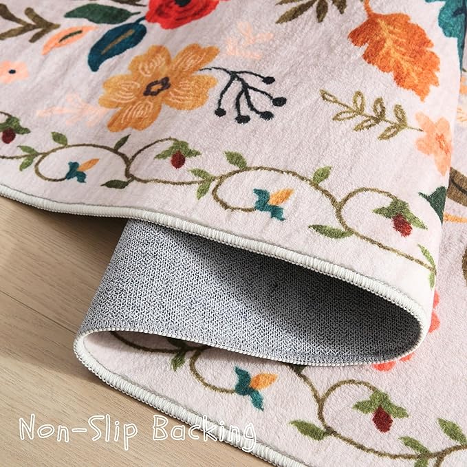 Rugcomf Area Rugs 9x12 Living Room Clearance Washable Boho Rug Non Slip Floral Vintage Low Pile Large Rug for Living Room, Bedroom, Farmhouse, Dining Room, Kids Playroom(Beige)