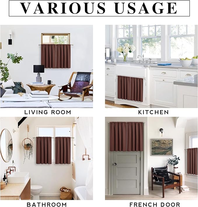 RYB HOME Half Curtain Tiers 36 inch Length, Rod Pocket Summer Heat Blocking Thermal Insulated Short Blackout Curtains for Small Window, Width 34 by Length 36, Chocolate Brown, 2 Panels