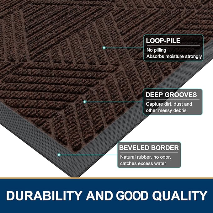 Smiry Front Door Mat Outside Entrance, Heavy Duty Sturdy Natural Rubber Doormat, Trap Dirt and Moisture, Easy Clean Low Profile Mats for Indoor Outdoor Entry, Irregular Triangle (47x32, Dark Brown)