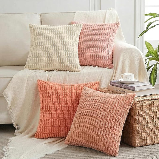 Fancy Homi 4 Packs Boho Blush Pink Euro Decorative Throw Pillow Covers 26x26 Inch for Living Room Bed, Soft Plush Striped Corduroy Square Light Pink Coral Peach Cream Colorful Cushion Case 66x66 cm