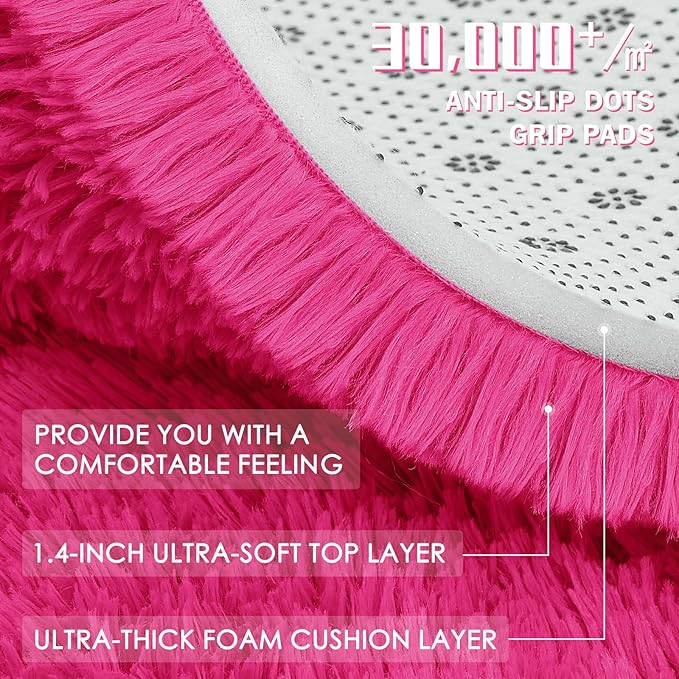 OLANLY Hot Pink Round Rugs for Bedroom - Machine Washable, 9 ft Circle Area Rugs for Living Room, Soft and Fluffy Shaggy Carpet for Teen Girls and Boys, Nursery Rooms, Dorms, Home Decor Aesthetic