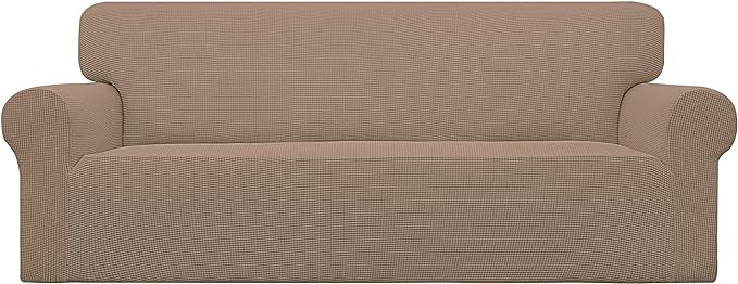 Easy-Going Stretch Sofa Slipcover 1-Piece Sofa Cover Furniture Protector Couch Soft with Elastic Bottom for Kids, Polyester Spandex Jacquard Fabric Small Checks (Sofa, Camel)