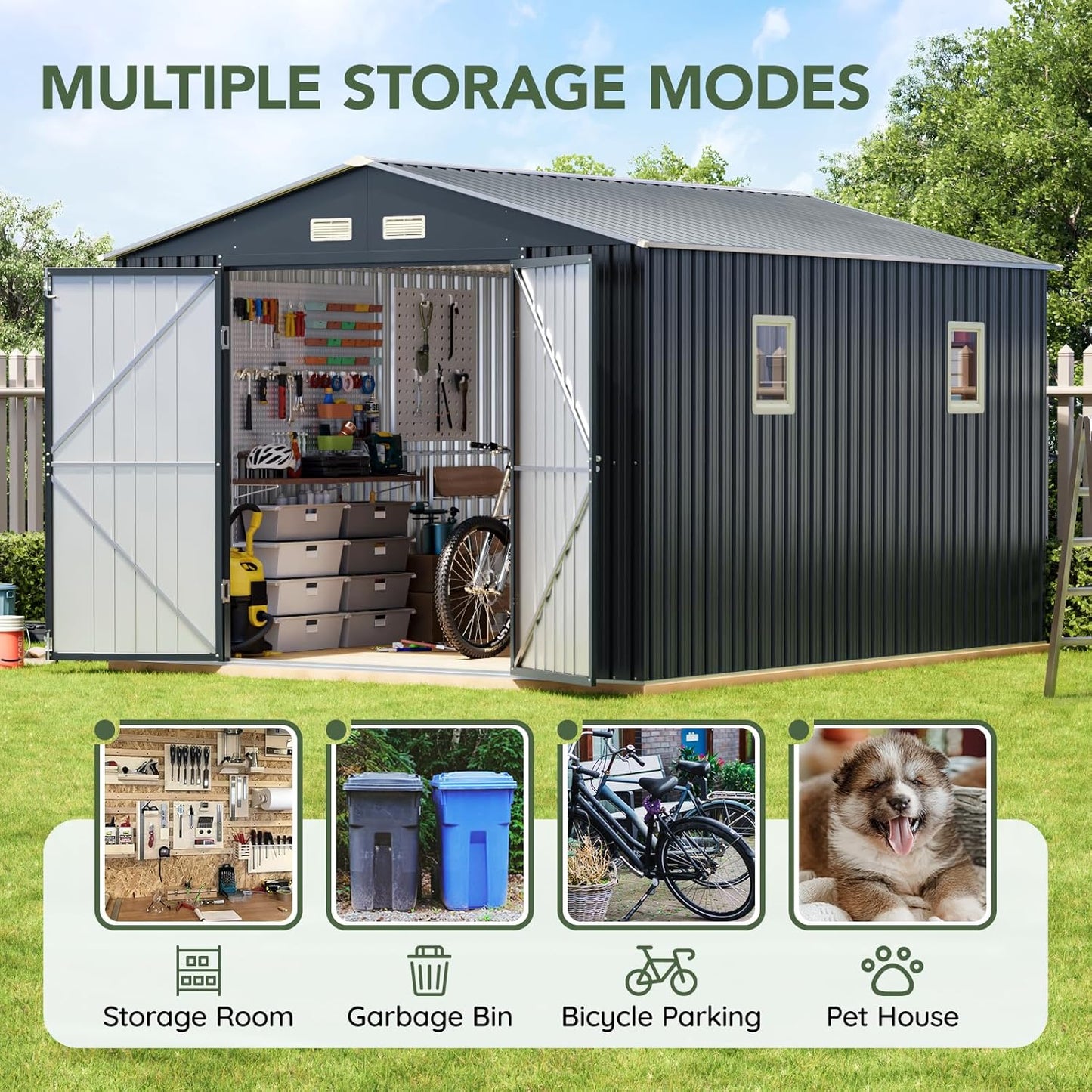 10x10 FT Outdoor Metal Storage Shed with Floor Frame, Double Swing Doors, 2 Clear Windows,Tool Shed for Garden, Patio, Backyard