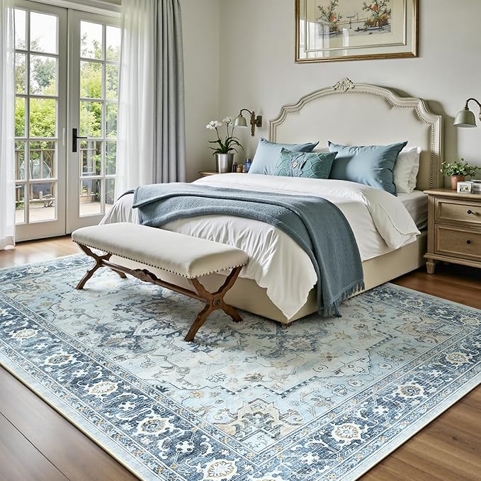 Lofus 8x10 Area Rugs for Living Room, Machine Washable Non-Slip Area Rug, Low Pile Large Rugs for Bedroom, Kitchen, Dining Room, Home Office, Vintage Oriental Print Rug, Blue Gold