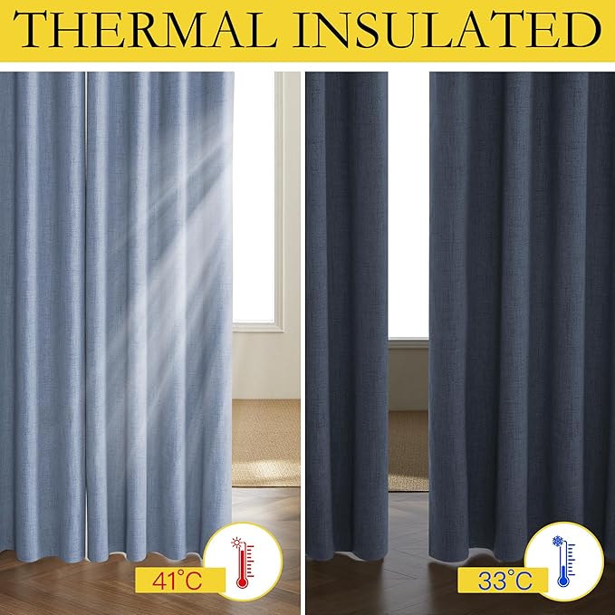 NICETOWN Stone Blue Vintage Linen 100% Blackout Curtains for Living Room, Thermal Insulated Curtains 45" Long, Noise Reducing Window Treatment Drapes for Hall Room, 52" Wide Per Panel, Set of 2