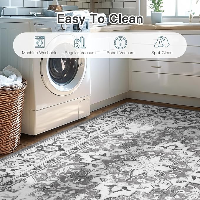 Lofus 6x9 Area Rugs for Living Room, Washable Area Rug, Rugs for Bedroom, Kitchen, Vintage Boho Carpet, Soft Non-Slip, Low Pile Large Area Rug for Office Dining Room, Floral Grey