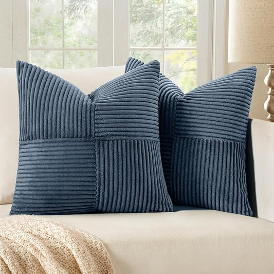 MIULEE Blue Decorative Throw Pillow Covers 20x20 Inch for Couch Bed Sofa Pack of 2 Boho Farmhouse Throw Pillows Soft Cross Corduroy Patchwork Textured Cushion Cases