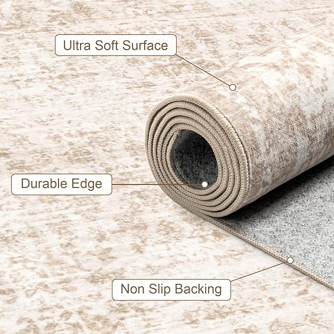 Area Rugs 10x12 Living Room Rug: Washable Rug Soft Vintage Boho Carpet Indoor Floor Non-Slip Stain Resistant Large Carpets for Bedroom Dining Room Farmhouse Nursery Home Office Beige