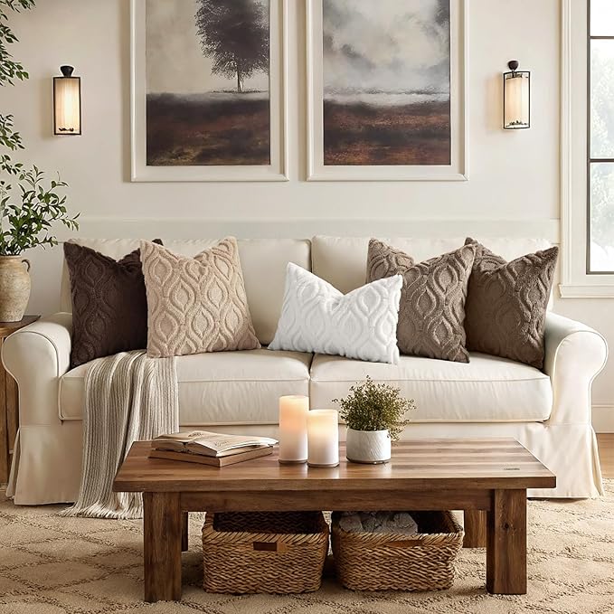 decorUhome Throw Pillow Covers 24x24 Inch Set of 2, Soft Plush Faux Wool Light Khaki Solid Couch Pillow Covers, Accent Euro Sham Farmhouse Neutral Square Pillow Cases for Sofa Bed Living Room