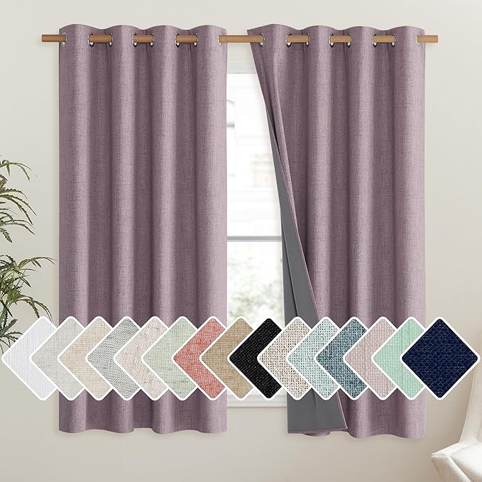 NICETOWN Chaise Mauve Vintage Linen 100% Blackout Curtains for Living Room, Thermal Insulated Curtains 45" Long, Noise Reducing Window Treatment Drapes for Hall Room, 52" Wide Per Panel, Set of 2