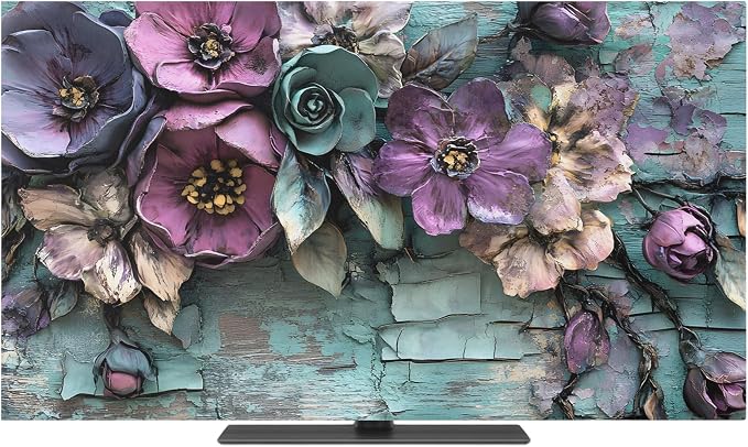 Vintage Flower Teal Mottled Wall Indoor TV Cover, Elastic TV Screen Protector - Image 2