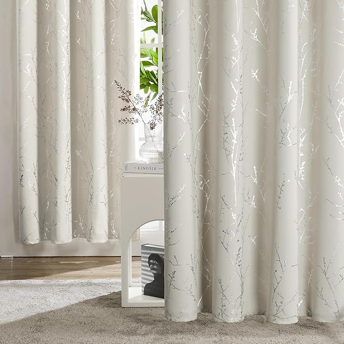 Deconovo Short Kitchen Curtains, Room Darkening Curtain Beige, Thermal Insulated Soundproof Drapes, Silver Branch Print, 42 x 54 Inch, Machine Washable Window Panels for Living Room Office, Set of 2