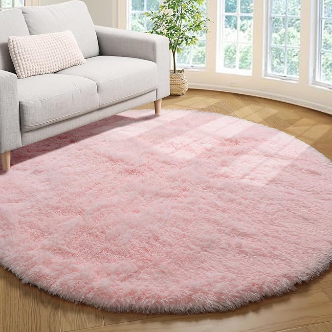 ONASAR Light Pink Round Area Rugs 4ft for Bedroom Living Room, Fluffy Circle Rug for Kids Girls Boys Teen, Soft Plush Shaggy Carpet for Nursery Dorm Classroom Playroom Home Decor Aesthetic