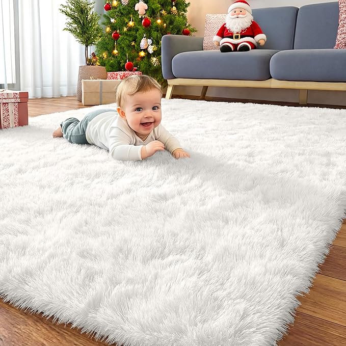 OLANLY 10x12 Machine Washable Large Area Rugs for Living Room, Bedroom, Soft Fluffy Shaggy Bedside Rug, Indoor Floor Carpet for Kids Girls and Boys, Dorms, Nursery, Home Decor Aesthetic, White
