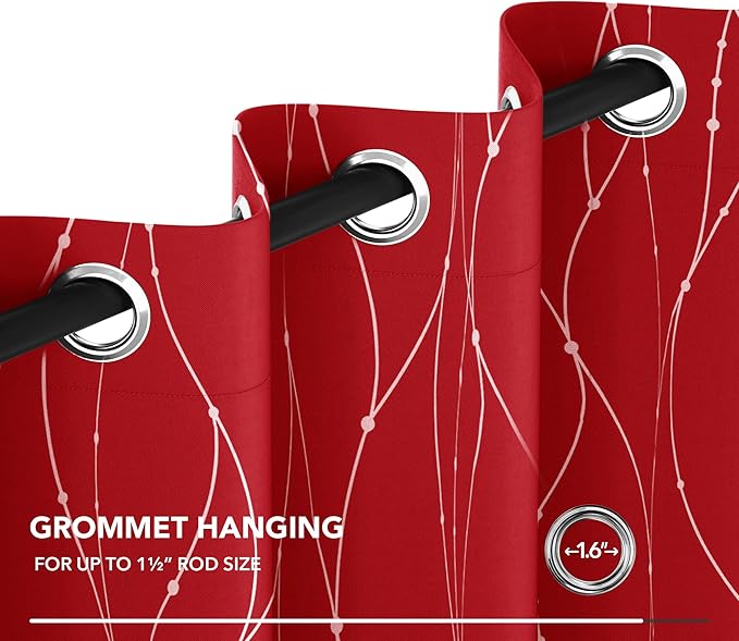 Deconovo Christmas Curtains, Red Curtain, Blackout Drapes, Thermal Insulated Noise‑Reduced Drape, Wave Line Dots Foil Print, 52 x 84 Inch, 2 Panels, Machine‑Washable Window Panel for Party Living Room