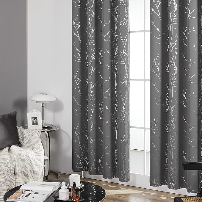 Deconovo Grey Blackout Curtains for Bedroom, Thermal Insulated Soundproof Drapes, Silver Branch Foil Print, 42 x 84 Inches Long, 2 Panels, Machine‑Washable Grommet Window Panel for Living Room Office
