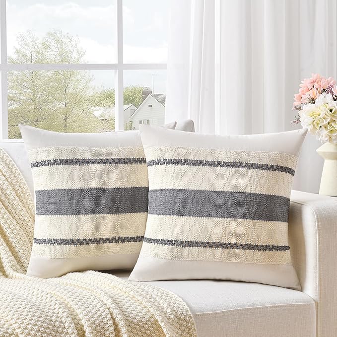 Fancy Homi Set of 1 Neutral Grey Farmhouse Decorative Throw Pillow Covers 20x20 Inch for Couch Bed Chair Indoors, Vintage Country Rustic Retro Room Decor, Soft Thick Cotton Handmade Woven Cushion Case