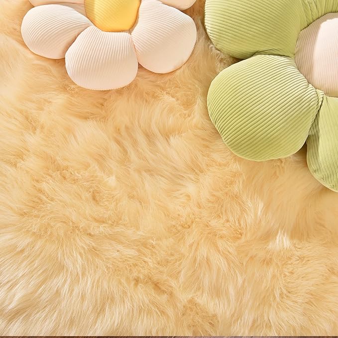 Latepis Yellow Round Rug for Living Room Faux Sheepskin Round Rugs 6ft Circle Fur Rugs for Bedroom Fuzzy Plush Rug Cute Home Décor