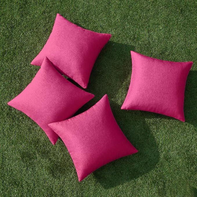 MIULEE Pack of 4 Decorative Outdoor Throw Pillow Covers Linen Waterproof Pillow Covers Farmhouse Cushion Cases for Patio Garden Tent Balcony Couch Sofa 16x16 inch Hot Pink